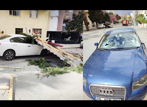 Denizli'de fırtına çatıları uçurdu, araçlar hasar gördü